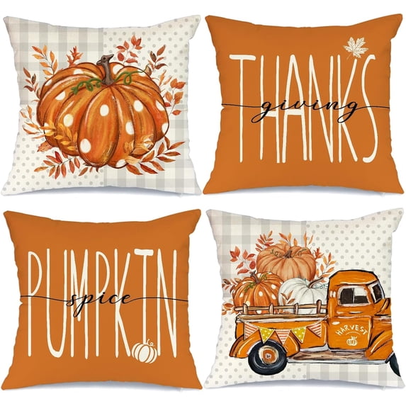 Fall Pillow Covers Set of 4 Polka Dots Buffalo Plaid Pumpkins Truck Eucalyptus Leaves Throw Pillowcases