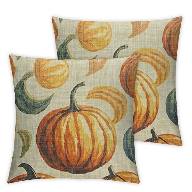 Fall Pillow Covers Thanksgiving Themed Blue Yellow Orange Pumpkin Print