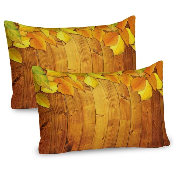 Fall Pillow Sham Set of 2, Colorful Vivid Seasonal Leaves on the Wooden Planks Natural Design Rustic, Quality Microfiber Bedding Item for All Seasons, 26" x 20", Yellow Orange Green, by Ambesonne