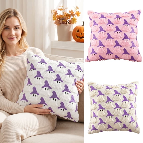Fall Pillows Decorative Throw Pillows, Halloween Ghost Decorations, Halloween Pillow Covers, Purple Halloween Decor, 2 Pack 45Cm Pink Plush Ghost Pillow Cases with Purple Witch
