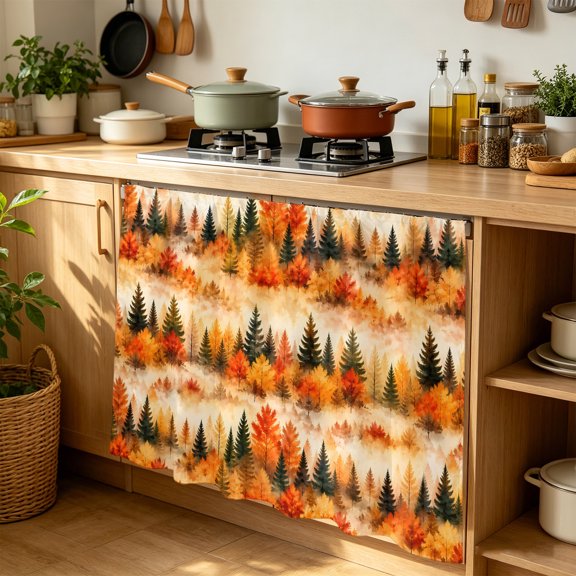 Fall Pine Trees Cabinet Curtains for Kitchen 35"W x 35"L, Prange Green Spruce Trees Red Maple Forest Mist Golden Laundry Sink Cabinets Magic Tape Short Curtain Privacy Panel for Bath Vanity Cabinets