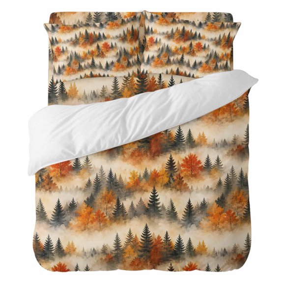 Fall Pine Trees California King Duvet Cover Set, Green Trees Red Maple Forest Mist Golden Landscape 4 Piece Microfiber Bedding Set with Zipper Closure, Bed Sheet and 2 Pillow Shams, Bedding Cover