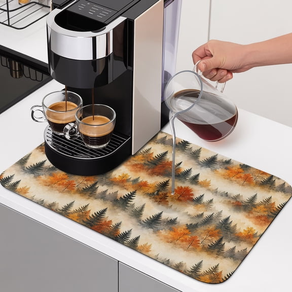 Fall Pine Trees Dish Drying Mats for Kitchen Counter, Green Trees Red Maple Forest Mist Golden Landscape Absorbent Coffee Bar Mat with Non-slip Rubber Backed Quick Drying Dish Rack Pad 16"x18"