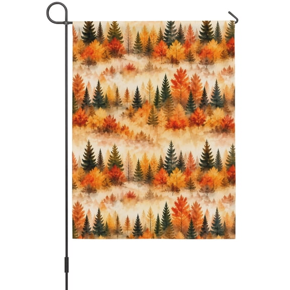 Fall Pine Trees Garden Flag 12 x 18 Inches, Prange Green Spruce Trees Red Maple Forest Mist Golden Weather Proof Outdoor Patio Flags Double Sided Small Garden Decoration for Yard Outside Home
