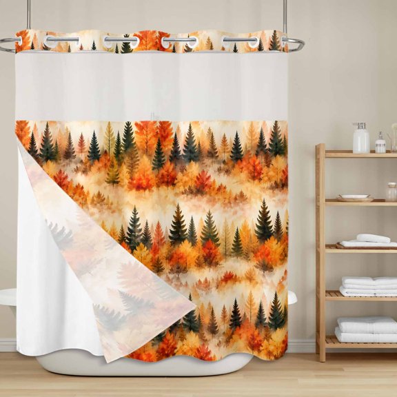 Fall Pine Trees No Hook Shower Curtain with Snap in Liner, Prange Green Spruce Trees Red Maple Forest Mist Golden Waterproof Shower Curtains with See Through Top Window Liner for Bathroom, 66x72 Inch