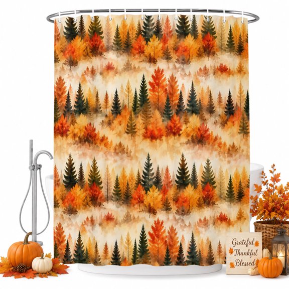 Fall Pine Trees Shower Curtain for Bathroom, Prange Green Spruce Trees Red Maple Forest Mist Golden Waterproof Cloth Fabric Bathroom Accessories Set with 9 Rust Proof Plastic Hooks, 36"x72"