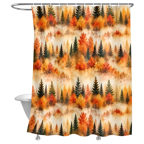 Fall Pine Trees Shower Curtain, Prange Green Spruce Trees Red Maple Forest Mist Golden Lightweight Waterproof Fabric Shower Curtain with Rustproof Grommets for Bathroom Bathtub 36x72in