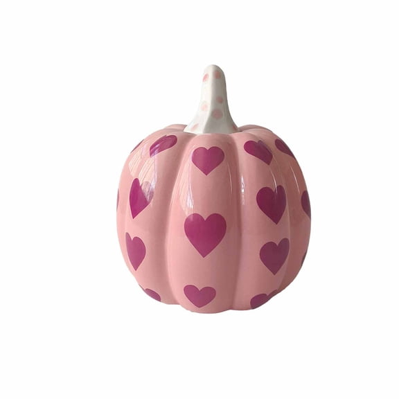Fall Pink Ceramic Pumpkin Decor Heart Pattern Glossy Finish Tabletop Ornament for Tiered Trays Mantel Shelf and Halloween Party Supplies