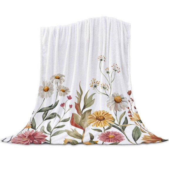 Fall Pink Flower Flannel Blanket for Bed,Travel and Camping, White Daisy Leaf Pastoral Plant Farm Super Soft Cozy Blanket for All Seasons 60"x80"