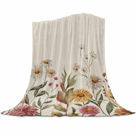 Fall Pink Flower Flannel Blanket for Bed,Travel and Camping, White Daisy Leaf Pastoral Plant Vintage Super Soft Cozy Blanket for All Seasons 50"x80"