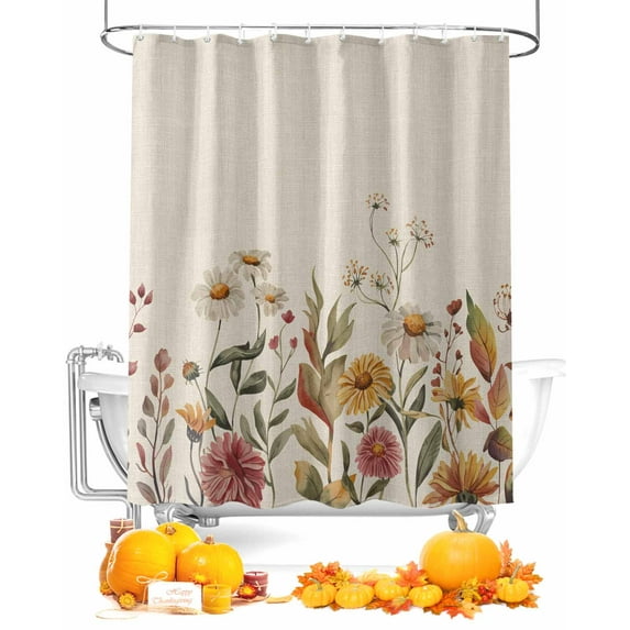 Fall Pink Flower Shower Curtain Set ,Waterproof Fabric Shower Curtains White Daisy Leaf Pastoral Plant Vintage Shower Curtains for Bathroom,Bathroom Decor 48"x72"