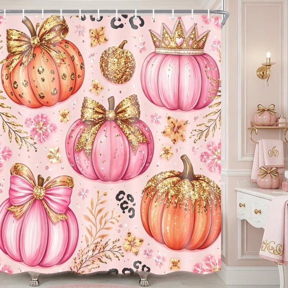 Fall Pink Gold Glitter Pumpkin Shower Curtain, Cute Leopard Print Thanksgiving Glam Farmhouse Bathroom Curtains, Waterproof Fabric Shower Curtain Set with Hooks 36X72 Inch