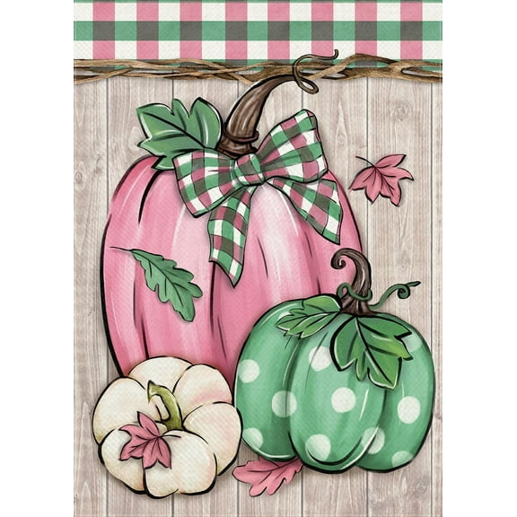 Fall Pink Green White Pumpkin Decorative Garden Flag, Autumn Plaid Check Farmhouse Yard Outside Decorations, Thanksgiving Rustic Burlap Outdoor Small Home Decor Double Sided 12.5 x 18