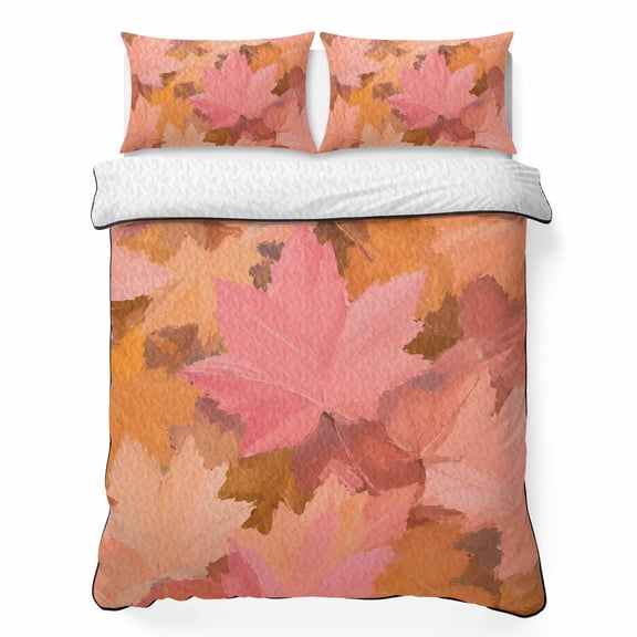 Fall Pink Maple Leaf 3 Piece Quilt Bedding Set with 2 Pillow Shams, Country Vintage Farmhouse Orange Leaves Lightweight Bedspread Coverlet, Soft Breathable All Season Quilt, 79 x 90 Inch