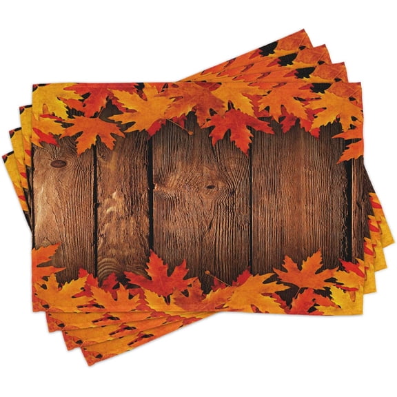 Fall Place Mats Set of 4, Dry Leaves Poured onto Wooden Board Cabin Cottage Rustic Country Life Theme Print, Washable Fabric Placemats for Dining Table, Standard Size, Brown Orange