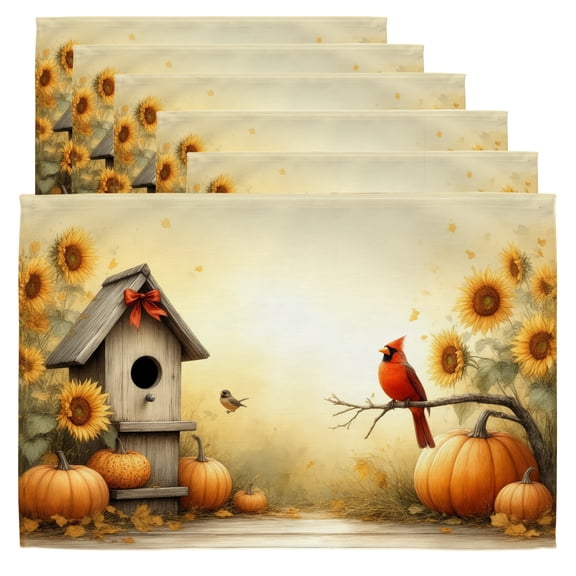 Fall Placemat A bird sitting on a branch next to a birdhouse and pumpkins. Table Placemats Set of 6 12x18 in Outdoor Placemats for Patio Table