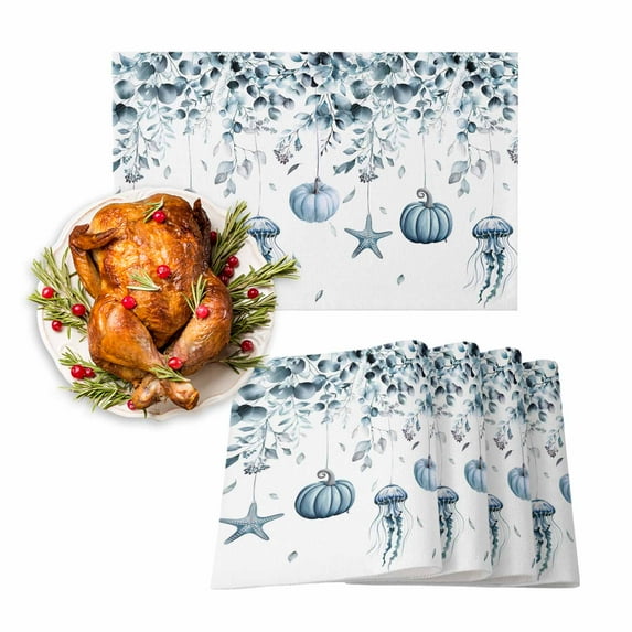Fall Placemat Blue Pumpkin Thanksgiving Placemats for Dining Table Medusa Starfish Autumn Leaves Washable Table Mats for Party Kitchen Dining Decoration Set of 6