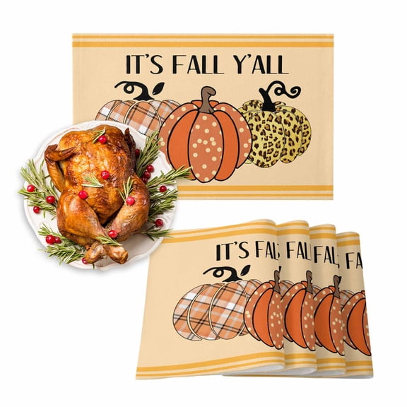 Fall Placemat Buffalo Plaid Leopard Pumpkin Thanksgiving Placemats for Dining Table It's Fall Y'all Washable Table Mats for Party Kitchen Dining Decoration Set of 4