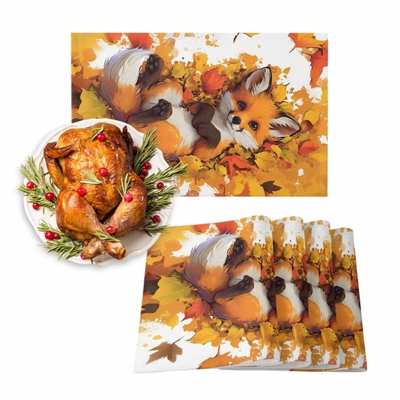Fall Placemat Fox Lying in Maple Leaves Thanksgiving Placemats for Dining Table Orange Plant Animal Washable Table Mats for Party Kitchen Dining Decoration Set of 2