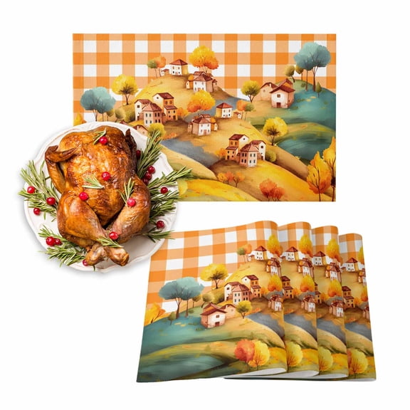 Fall Placemat Hill Tree Scenery Thanksgiving Placemats for Dining Table House Orange Plaid Washable Table Mats for Party Kitchen Dining Decoration Set of 8