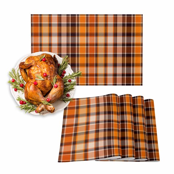 Fall Placemat Orange Buffalo Plaid Thanksgiving Placemats for Dining Table Classic Check Washable Table Mats for Party Kitchen Dining Decoration Set of 8