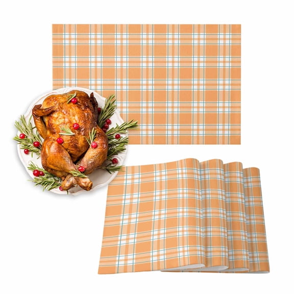 Fall Placemat Orange Buffalo Plaid Thanksgiving Placemats for Dining Table Classic Checked Washable Table Mats for Party Kitchen Dining Decoration Set of 4