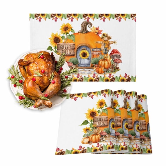 Fall Placemat Orange Pumpkin Thanksgiving Placemats for Dining Table Yellow Sunflower Mushroom Washable Table Mats for Party Kitchen Dining Decoration Set of 2