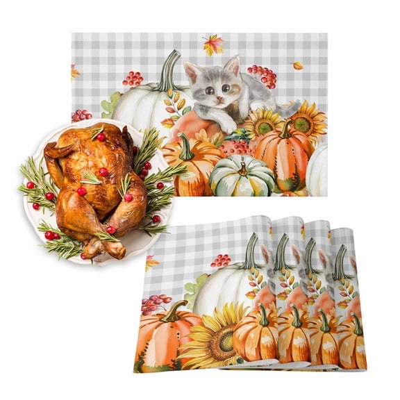 Fall Placemat Pumpkin Cat Thanksgiving Placemats for Dining Table Sunflower Berry Gray Plaid Washable Table Mats for Party Kitchen Dining Decoration Set of 2