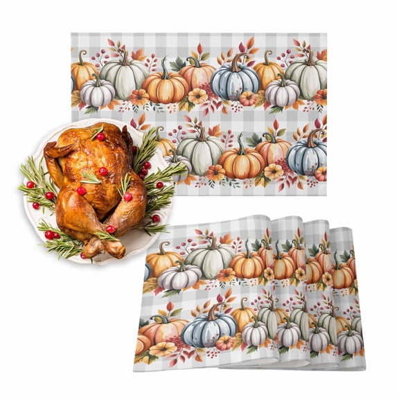 Fall Placemat Pumpkin Leaves Thanksgiving Placemats for Dining Table Berry Gray Plaid Washable Table Mats for Party Kitchen Dining Decoration Set of 6