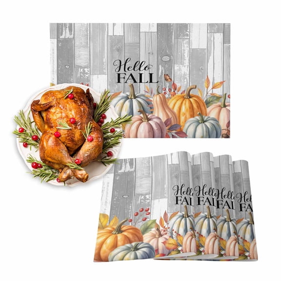 Fall Placemat Pumpkin Thanksgiving Placemats for Dining Table Leaves Berry Gray Wood Grain Washable Table Mats for Party Kitchen Dining Decoration Set of 4