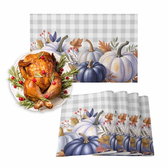 Fall Placemat Purple Pumpkin Thanksgiving Placemats for Dining Table Leaves Berry Gray Plaid Washable Table Mats for Party Kitchen Dining Decoration Set of 2