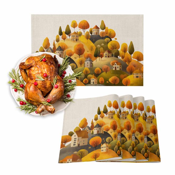Fall Placemat Tree Hill Thanksgiving Placemats for Dining Table Mountain Yellow Green Washable Table Mats for Party Kitchen Dining Decoration Set of 4