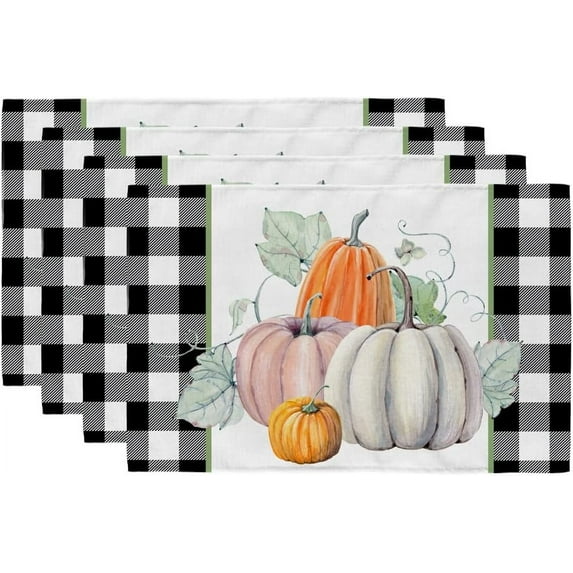 Fall Placemats 12x18 Inch Set of 4, Buffalo Plaid Check Pumpkins Leaves Decroative Table Decor Farmhouse Indoor Outdoor Decoration for Home Kitchen Dining Dinner Party GP097-18
