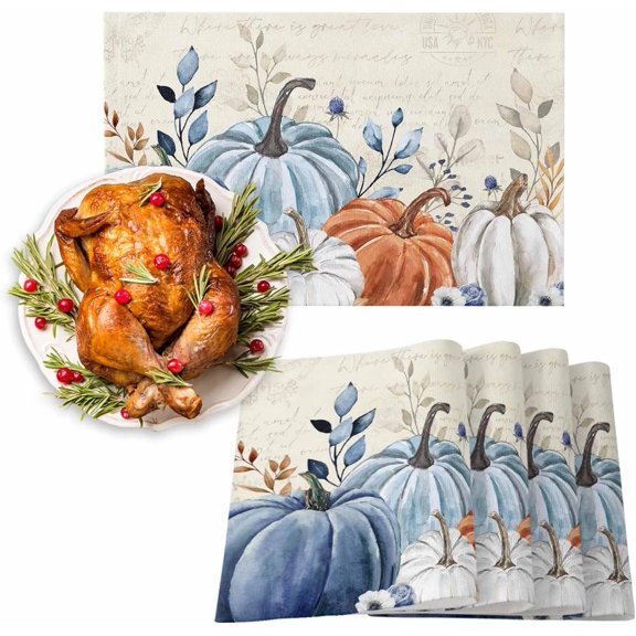 Fall Placemats Blue Pumpkin Place Mats for Dining Room Dinner Table Flower Leaves Vintage Washable Table Mats Thanksgiving Kitchen Decorations Set of 6