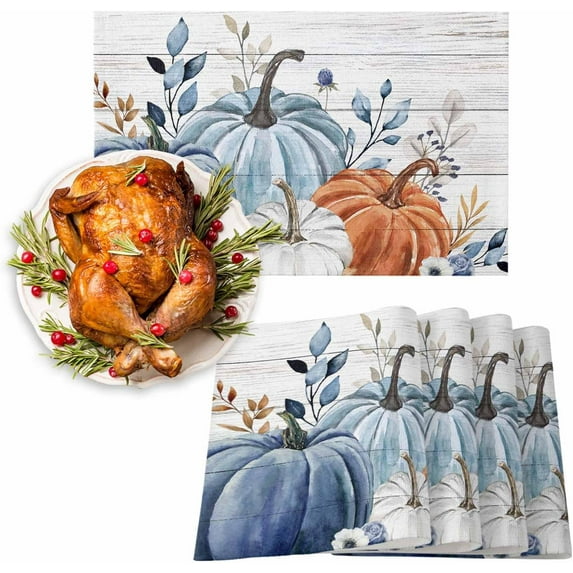 Fall Placemats Blue Pumpkin Place Mats for Dining Room Dinner Table Leaves Floral Wood Grain Washable Table Mats Thanksgiving Kitchen Decorations Set of 6