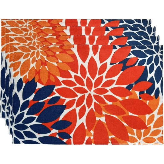 Fall Placemats Boho Style Blue and Orange Leaves Heat-Insulated Washable Autumn Place Mats Table Mats Cotton and Linen Woven Placemats for Table Decor Placemat Set of 4