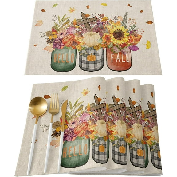 Fall Placemats, Floral Vase Pumpkin Leaf Hello Fall Thanksgiving Placemats Set of 6, Seasonal Autumn Flower Place Mats Washable Table Mats for Dining Table