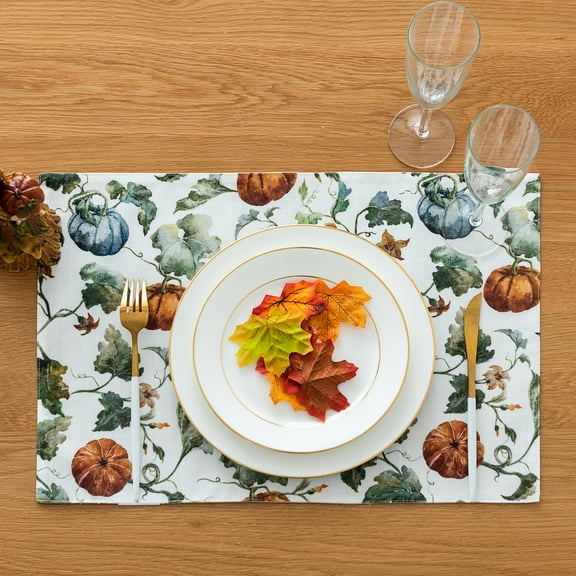 Fall Placemats Orange Pumpkin Waterproof Thanksgiving Table Decoration Poly faux linen 13 x 19inch Suncolor