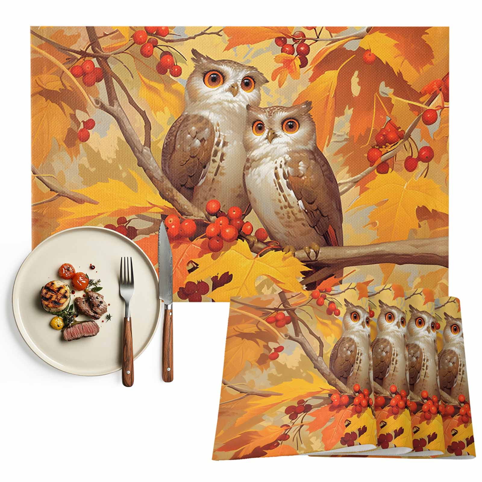 Fall Placemats Set of 1 Yellow Maple Leaves Owls Branch Fruits Heat ...