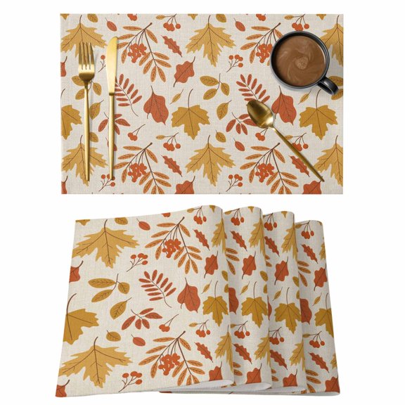 Fall Placemats Set of 12, Yellow Red Maple Leaf Thanksgiving Autumn Vintage Placemats for Dining Table, Place Mats for Kitchen Tabletop, Waterproof Wipeable Dining Table Mats Set
