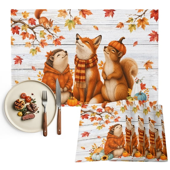 Fall Placemats Set of 2, Thanksgiving Autumn Farmhouse Wood Grain Washable Wipeable Table Mats for Dining Tables, Indoor Outdoor Kitchen Place Mats for Holiday Party Table Decor