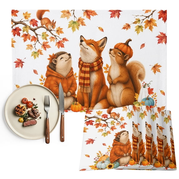 Fall Placemats Set of 2, Thanksgiving Autumn Harvest Pumpkins Leaves Washable Wipeable Table Mats for Dining Tables, Indoor Outdoor Kitchen Place Mats for Holiday Party Table Decor
