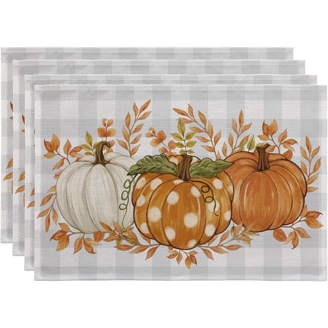 Fall Placemats Set of 4-12 X 18 Inch - Thanksgiving Autumn Harvest Pumpkin Buffalo Plaid Place Mats, Stain Resistant Wipeable Table Mats for Party/Dining/Holiday- Grey Blue Checkered