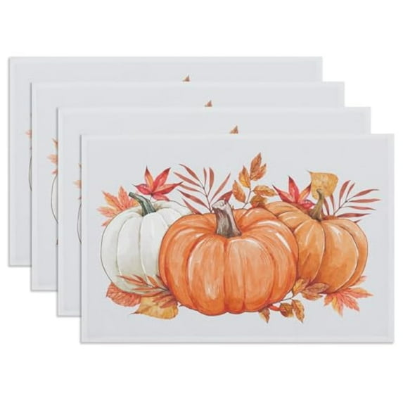 Fall Placemats Set of 4, 12 X 18 inch - Thanksgiving Autumn Orange Pumpkin Decor Place Mats, Stain Resistant Wipeable Table Mats for Party Dining Holiday
