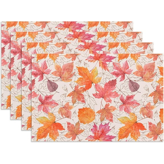Fall Placemats Set of 4, 12 x 18 Inch, Printed Thanksgiving Maple Leaf Linen Table Mats, Seasonal Autumn Holiday Table Decorations for Kitchen, Dining, Party Decor