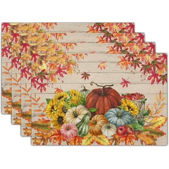 Fall Placemats Set of 4 12x18 Inch Autumn Pumpkin Maple Leaf Sunflower Thanksgiving Print Table Mats Farmhouse Decorative Linen Washable Place Mats for Holiday Party Kitchen Dining Table Decor