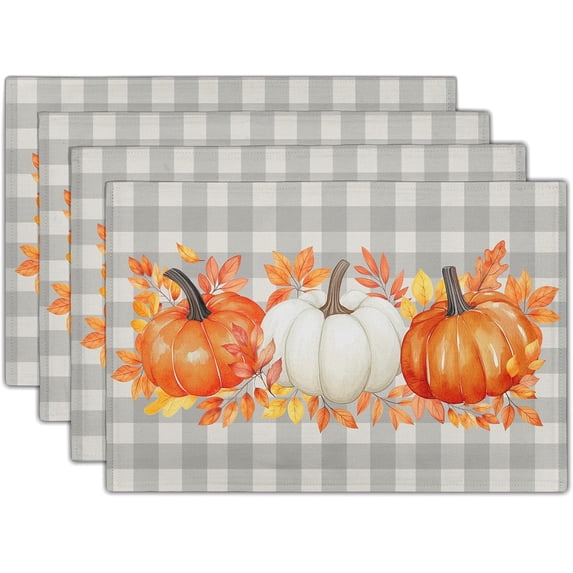 Fall Placemats Set of 4 Autumn Orange White Pumpkins Festival Cloth Place mats Dining Table Place mats Machine Washable Heat-Resistant Table Mats for Kitchen Home Decor