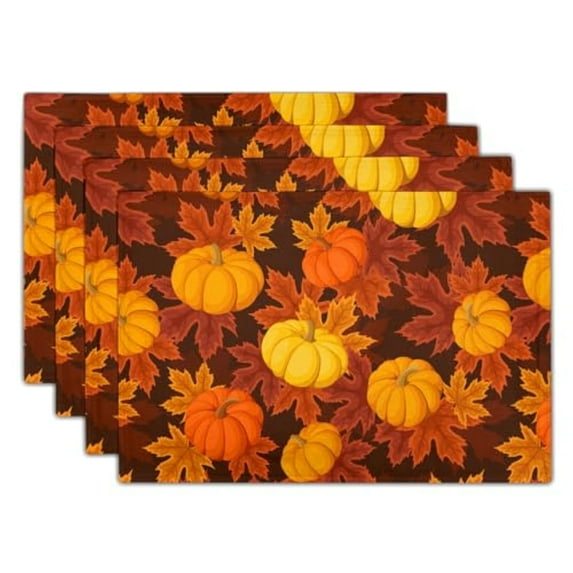 Fall Placemats Set of 4 Autumn Pumpkin Leaves Linen Place Mat Washable Non-Slip Heat Resistant 12x18 inch Thick Place Mats Decorative Fabric Table Mat for Dining Table