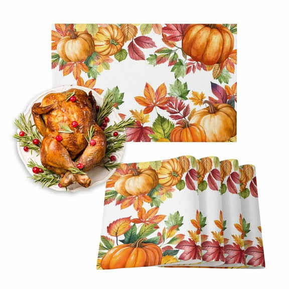 Fall Placemats Set of 4 Autumn Pumpkin Place Mats Thanksgiving Placemat Orange Maple Leaves Table Mats for Dining Kitchen Table Holiday Dinner Party Home Fall Decorations 13x19 Inch
