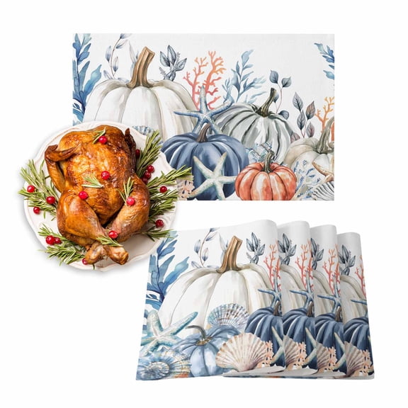 Fall Placemats Set of 4 Autumn Pumpkin Place Mats Thanksgiving Placemat Starfish Shell Coral Table Mats for Dining Kitchen Table Holiday Dinner Party Home Fall Decorations 13x19 Inch